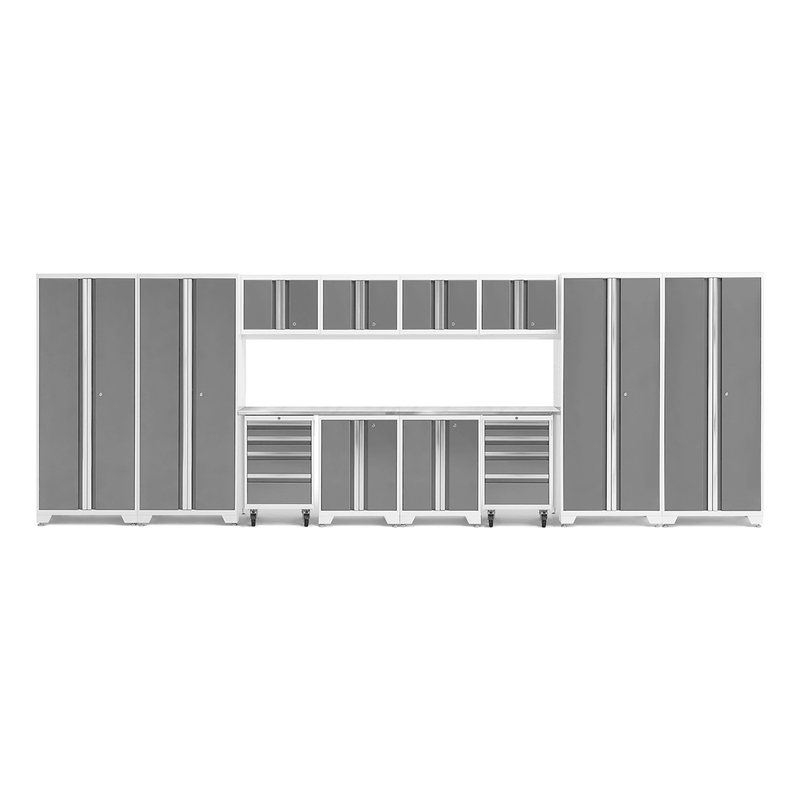 NewAge Products Bold Platinum 14-Piece Garage Cabinet System with Stainless Steel Worktops