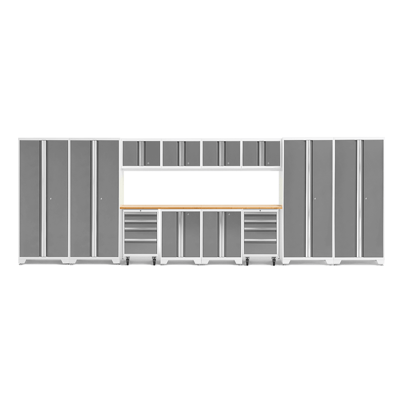 NewAge Products Bold Platinum 14-Piece Garage Cabinet System with Bamboo Worktops and LED Lights