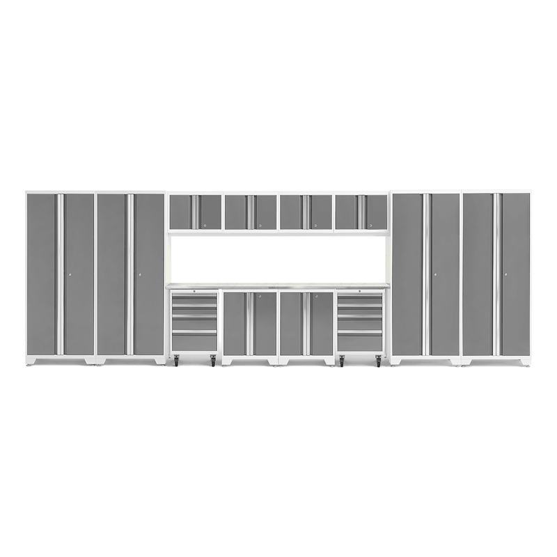 NewAge Products Bold Platinum 14-Piece Garage Cabinet System with Stainless Steel Worktops and LED Lights