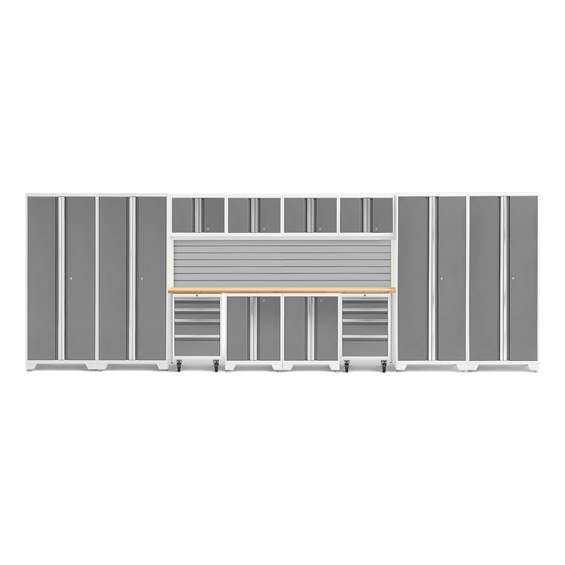 NewAge Products Bold Platinum 14-Piece Garage Cabinet System with Bamboo Worktops and Steel Slatwall Backsplash