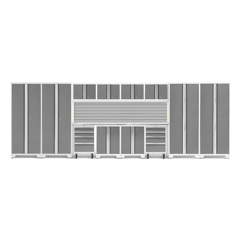 NewAge Products Bold Platinum 14-Piece Garage Cabinet System with Stainless Steel Worktops and Steel Slatwall Backsplash