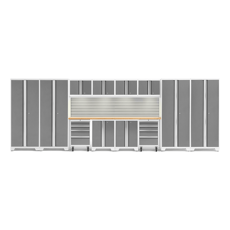 NewAge Products Bold Platinum 14-Piece Garage Cabinet System with Bamboo Worktops, LED Lights and Steel Slatwall Backsplash