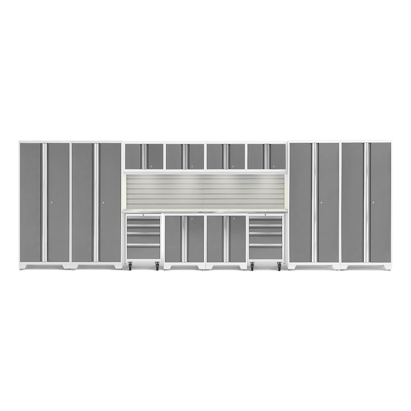 NewAge Products Bold Platinum 14-Piece Garage Cabinet System with Stainless Steel Worktops, LED Lights and Steel Slatwall Backsplash