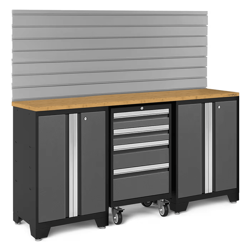 NewAge Products Bold Grey 4-Piece Garage Cabinet System with Bamboo Worktop and Steel Slatwall Backsplash