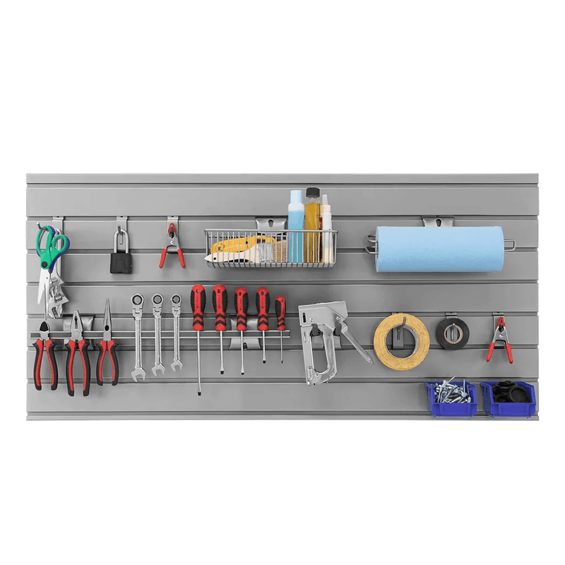 NewAge Products Bold Grey 4-Piece Garage Cabinet System with Bamboo Worktop and Steel Slatwall Backsplash