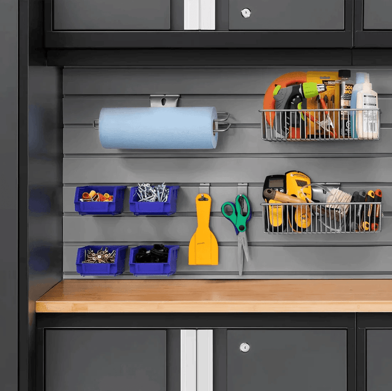 NewAge Products Bold Grey 4-Piece Garage Cabinet System with Bamboo Worktop and Steel Slatwall Backsplash