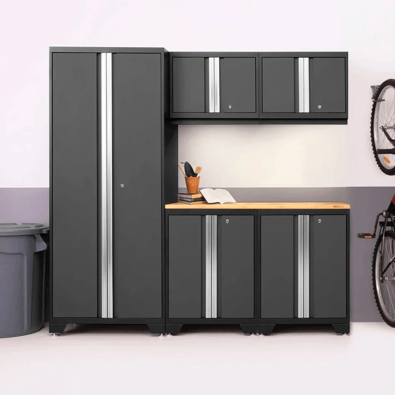NewAge Products Bold Grey 4-Piece Garage Cabinet System with Bamboo Worktop and Steel Slatwall Backsplash