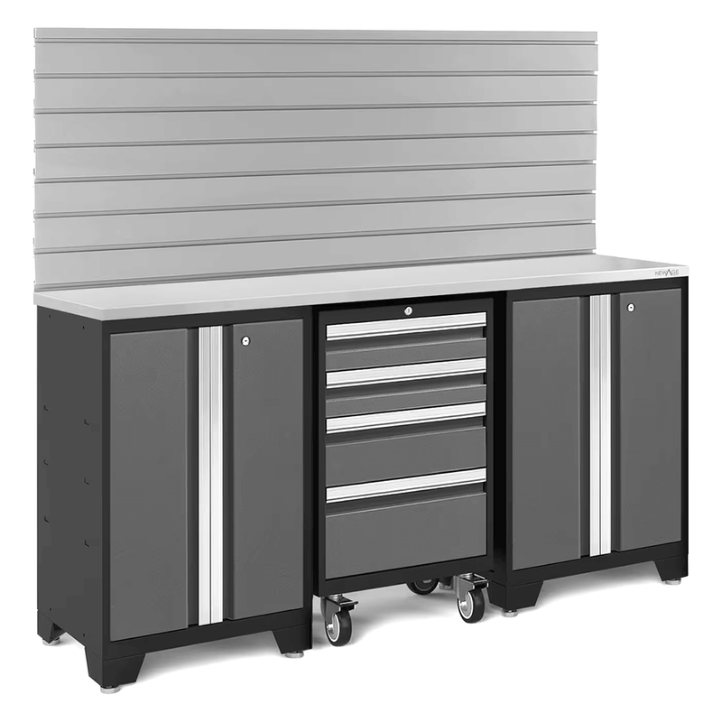 NewAge Products Bold Grey 4-Piece Garage Cabinet System with Stainless Steel Worktop and Steel Slatwall Backsplash