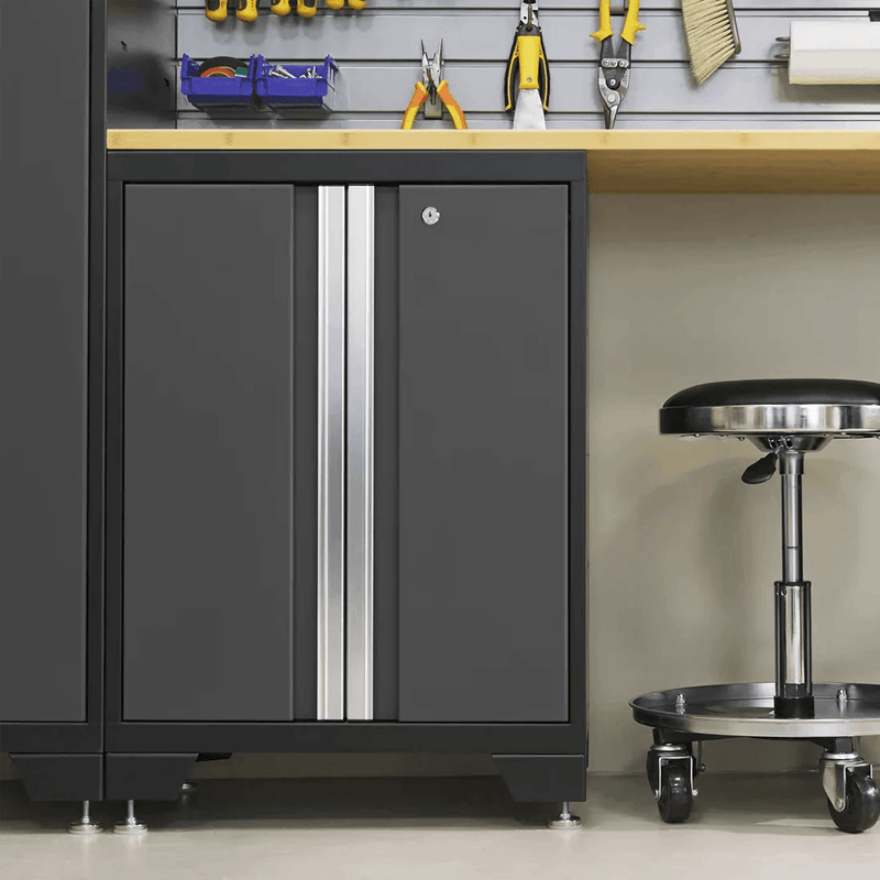 NewAge Products Bold Grey 4-Piece Garage Cabinet System with Stainless Steel Worktop and Steel Slatwall Backsplash