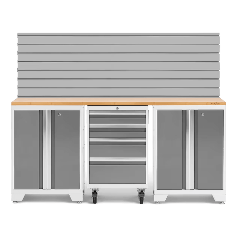 NewAge Products Bold Platinum 4-Piece Garage Cabinet System with Bamboo Worktop and Steel Slatwall Backsplash