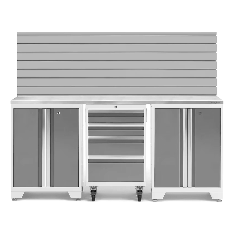NewAge Products Bold Platinum 4-Piece Garage Cabinet System with Stainless Steel Worktop and Steel Slatwall Backsplash