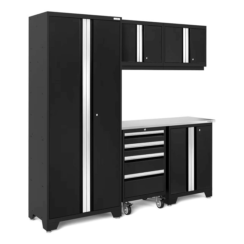 NewAge Products Bold Black 6-Piece Garage Cabinet System with Stainless Steel Worktop
