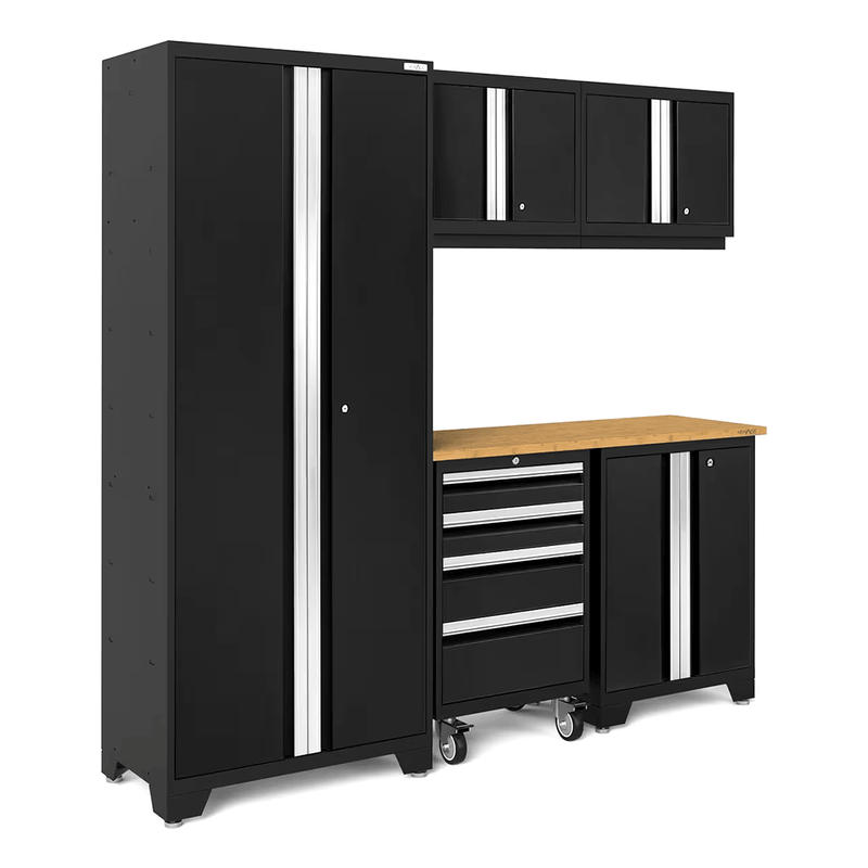 NewAge Products Bold Black 6-Piece Garage Cabinet System with Bamboo Worktop