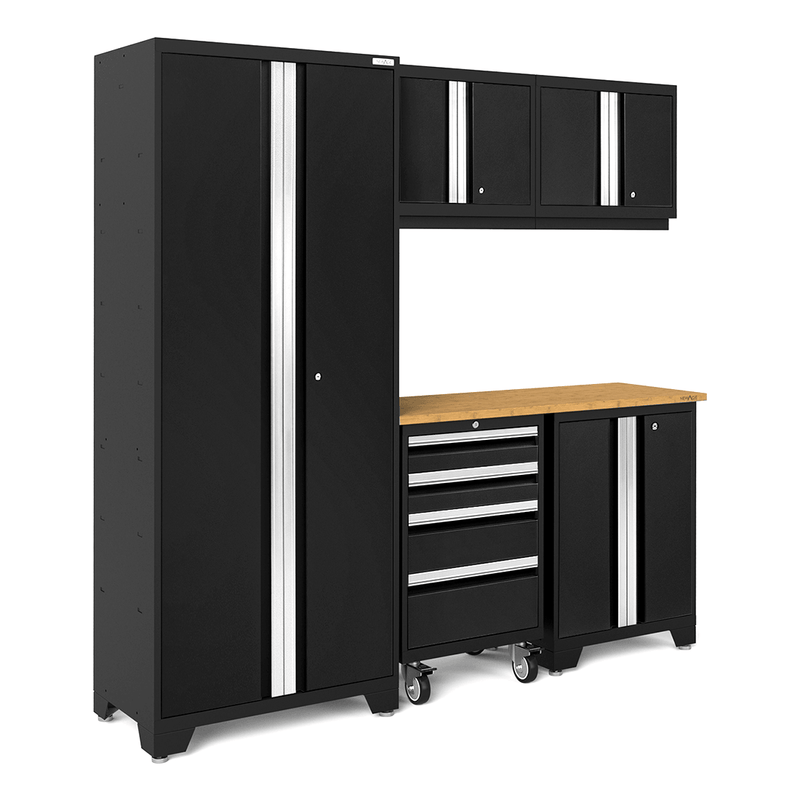 NewAge Products Bold Black 6-Piece Garage Cabinet System with Bamboo Worktop