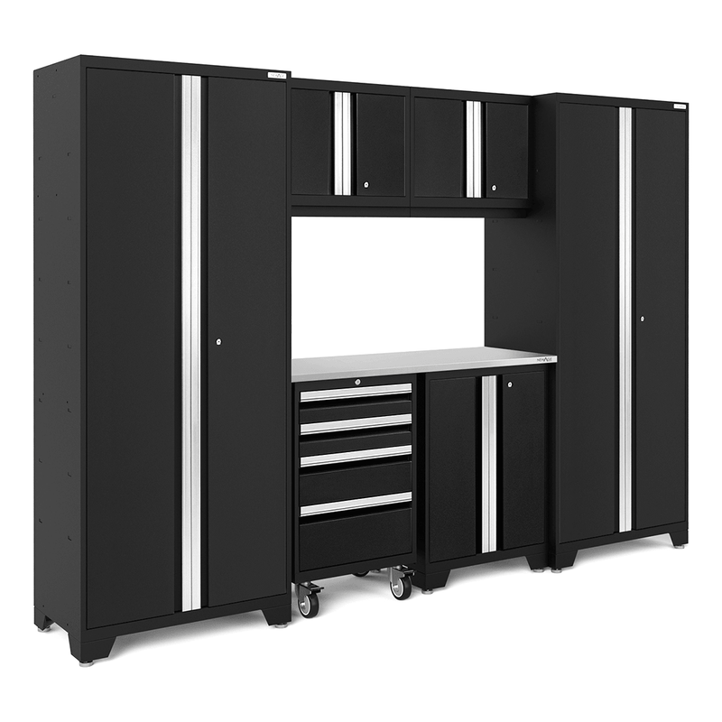 NewAge Products Bold Black 7-Piece Garage Cabinet System with Stainless Steel Worktop