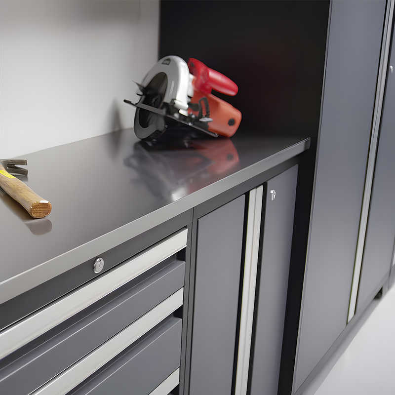 NewAge Products Bold Black 7-Piece Garage Cabinet System with Stainless Steel Worktop