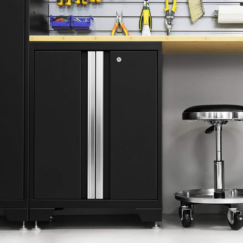 NewAge Products Bold Black 7-Piece Garage Cabinet System with Stainless Steel Worktop