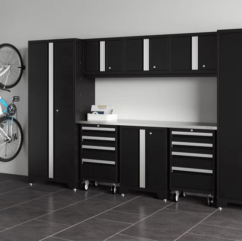 NewAge Products Bold Black 7-Piece Garage Cabinet System with Stainless Steel Worktop