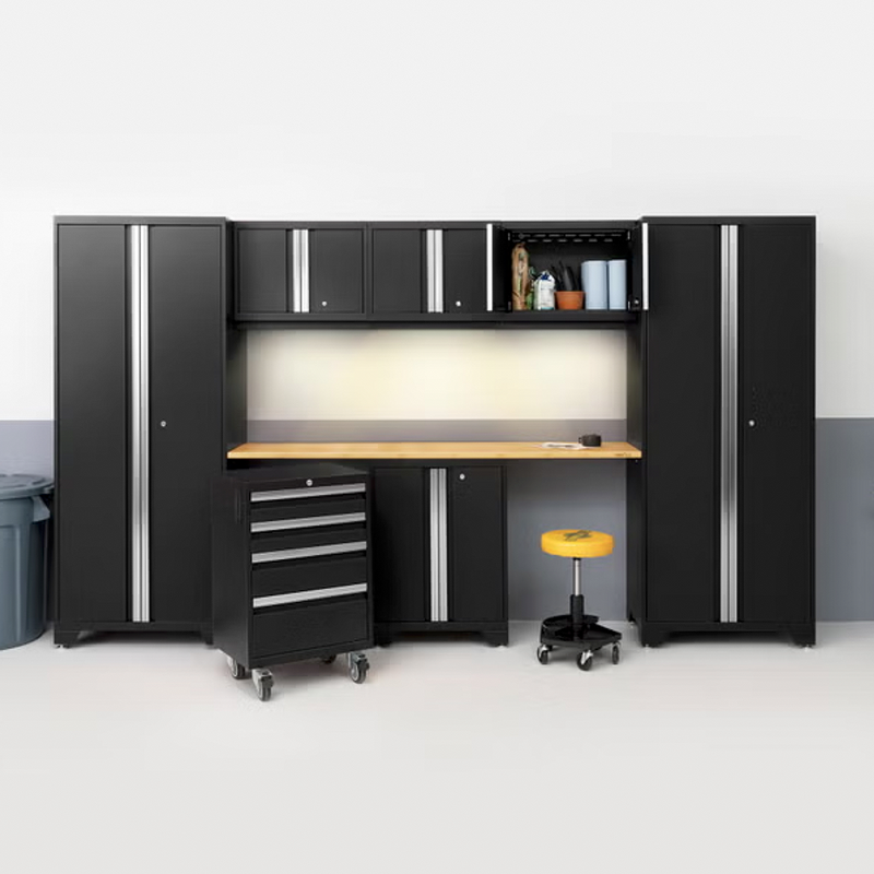 NewAge Products Bold Black 7-Piece Garage Cabinet System with Stainless Steel Worktop