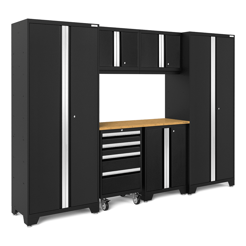 NewAge Products Bold Black 7-Piece Garage Cabinet System with Bamboo Worktop