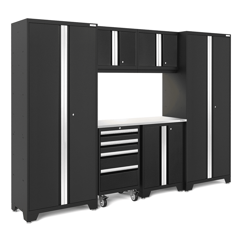 NewAge Products Bold Black 7-Piece Garage Storage Cabinet System with Stainless Steel Worktop and LED Lights