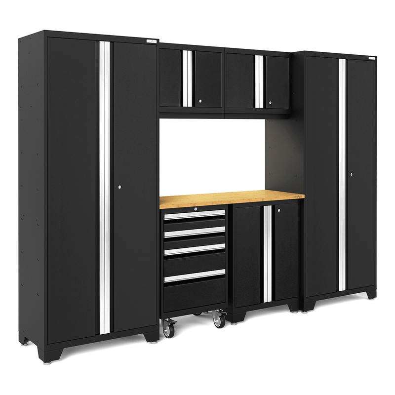 NewAge Products Bold Black 7-Piece Garage Storage Cabinet System with Bamboo Worktop and LED Lights