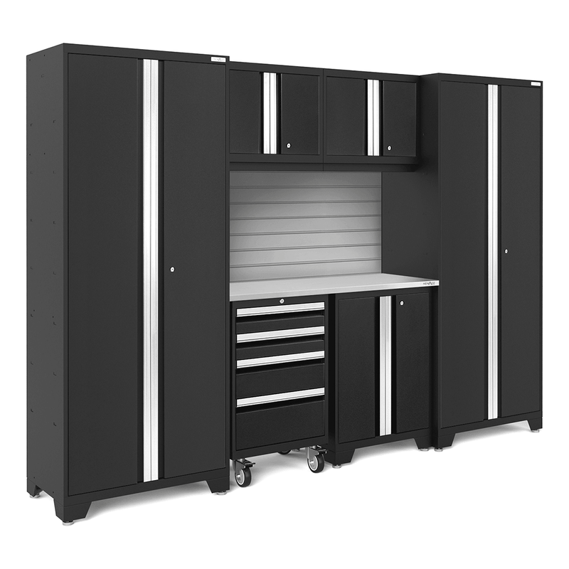 NewAge Products Bold Black 7-Piece Garage Storage Cabinet System with Stainless Steel Worktop and Steel Slatwall Backsplash