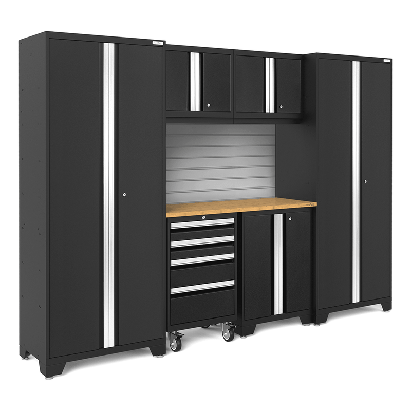 NewAge Products Bold Black 7-Piece Garage Storage Cabinet System with Bamboo Worktop and Steel Slatwall Backsplash