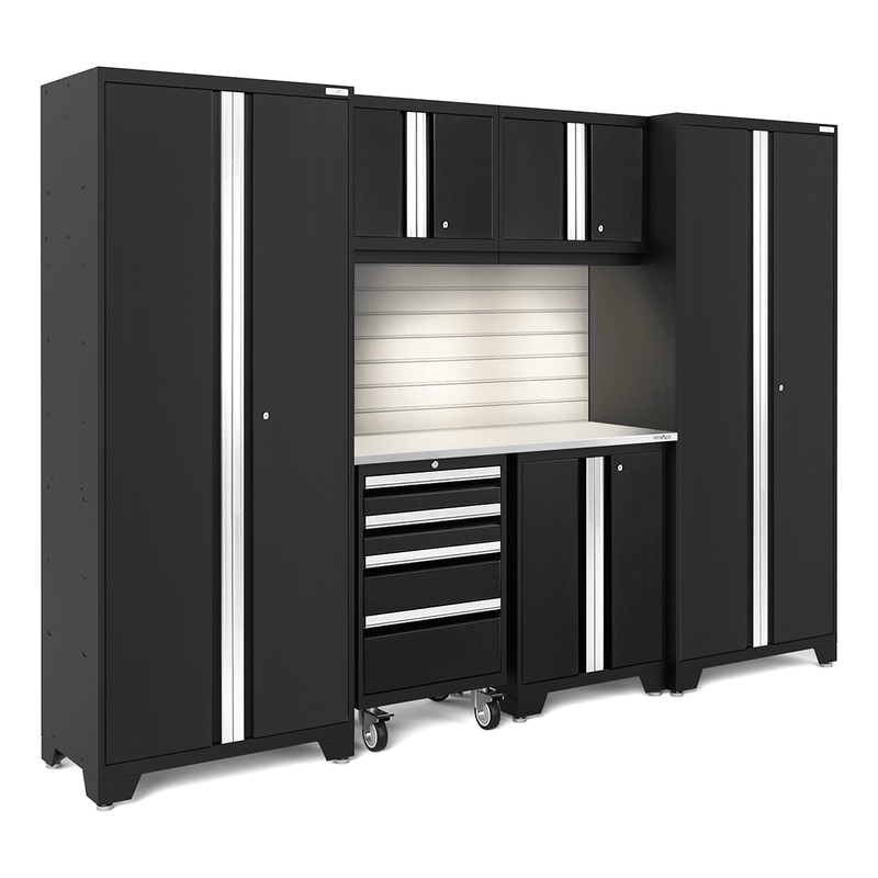 NewAge Products Bold Black 7-Piece Garage Storage Cabinet Set with Stainless Steel Worktop, LED Lights and Steel Slatwall Backsplash
