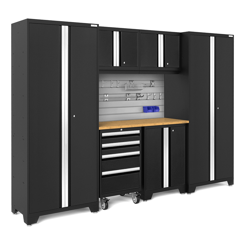 NewAge Products Bold Black 7-Piece Garage Storage Cabinet System with Bamboo Worktop, Steel Slatwall Backsplash and Hook Accessory Kit