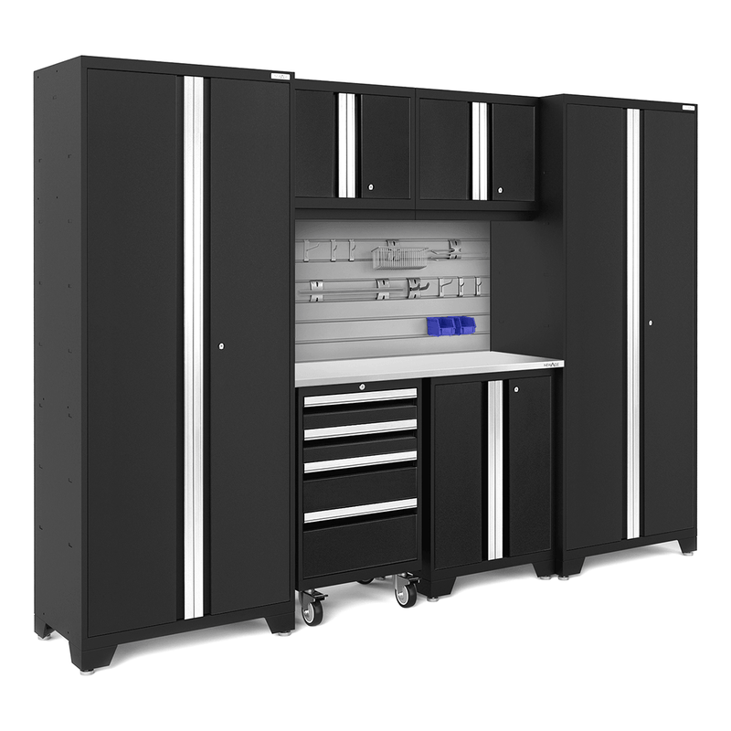 NewAge Products Bold Black 7-Piece Garage Storage Cabinet System with Stainless Steel Worktop, Steel Slatwall Backsplash and Hook Accessory Kit