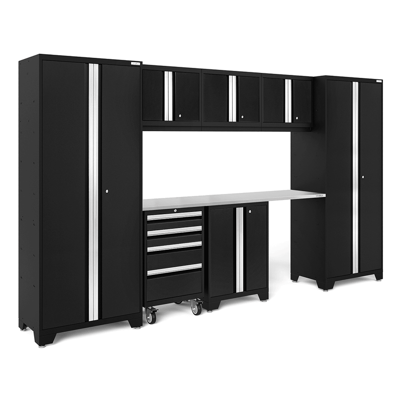 NewAge Products Bold Black 8-Piece Garage Cabinet System with Stainless Steel Worktop