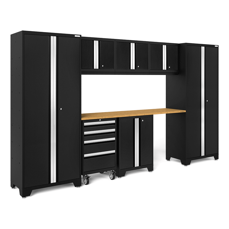 NewAge Products Bold Black 8-Piece Garage Cabinet System with Bamboo Worktop