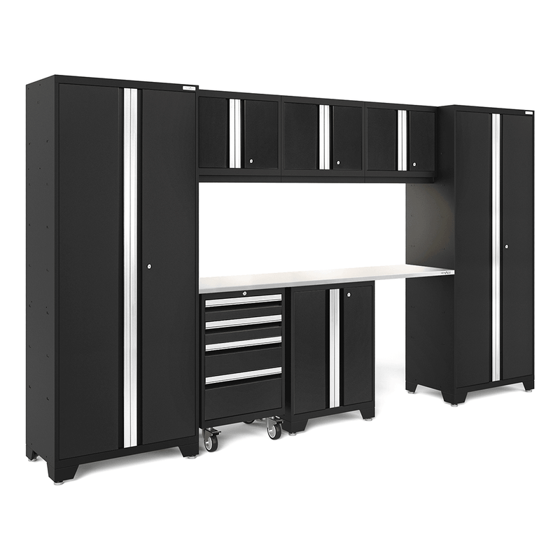 NewAge Products Bold Black 8-Piece Garage Storage Cabinet System with Stainless Steel Worktop and LED Lights