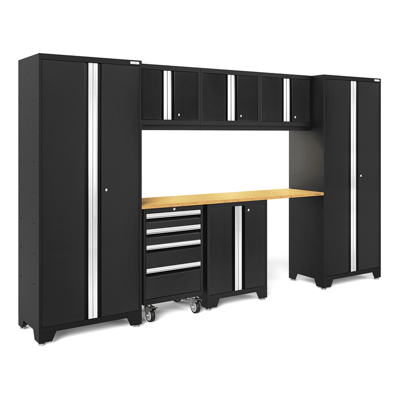 NewAge Products Bold Black 8-Piece Garage Storage Cabinet System with Bamboo Worktop and LED Lights
