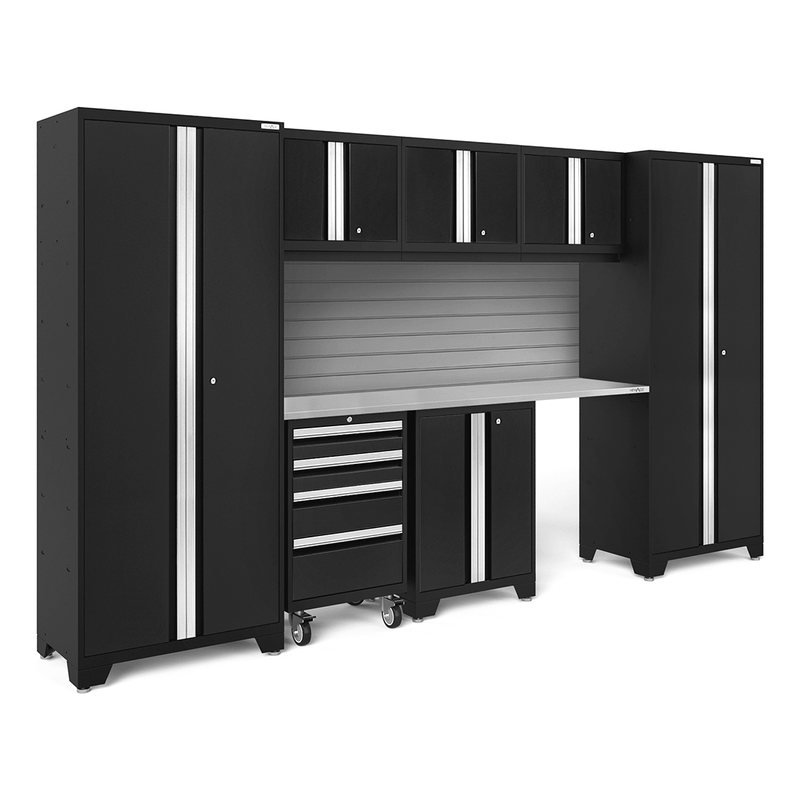 NewAge Products Bold Black 8-Piece Garage Cabinet Set with Stainless Steel Worktop and Steel Slatwall Backsplash
