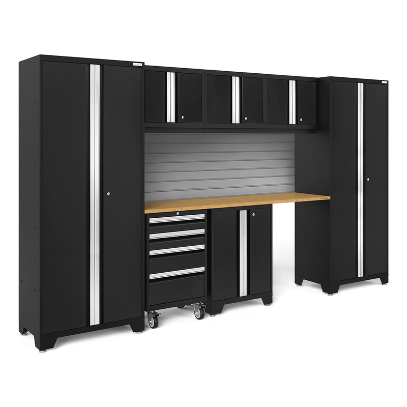 NewAge Products Bold Black 8-Piece Garage Cabinet Set with Bamboo Worktop and Steel Slatwall Backsplash
