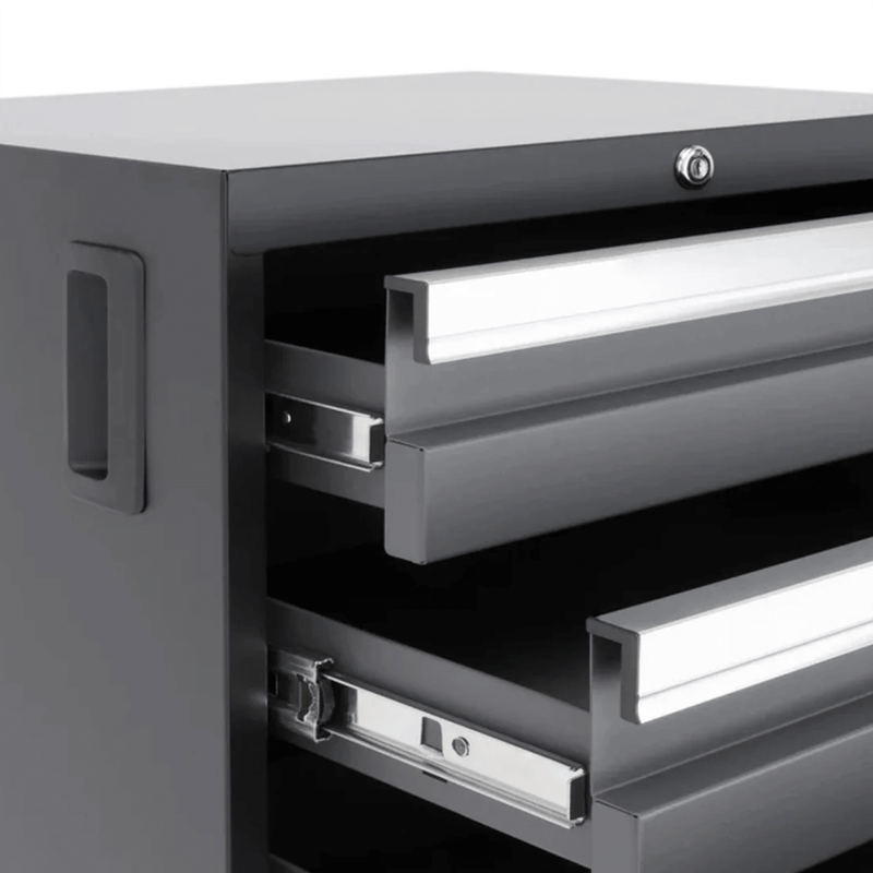 NewAge Products Bold Black 8-Piece Garage Cabinet Set with Stainless Steel Worktop, LED Lights and Steel Slatwall Backsplash