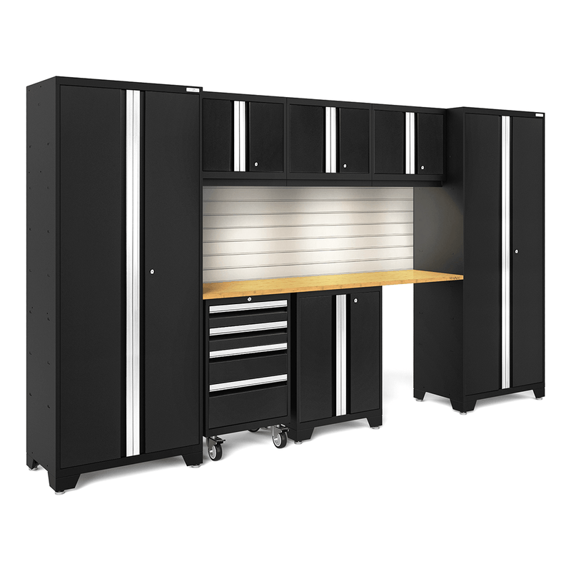 NewAge Products Bold Black 8-Piece Garage Cabinet Set with Bamboo Worktop, LED Lights and Steel Slatwall Backsplash