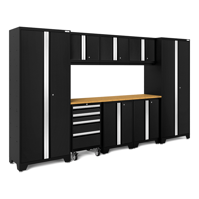 NewAge Products Bold Black 9-Piece Garage Cabinet System with Bamboo Worktop
