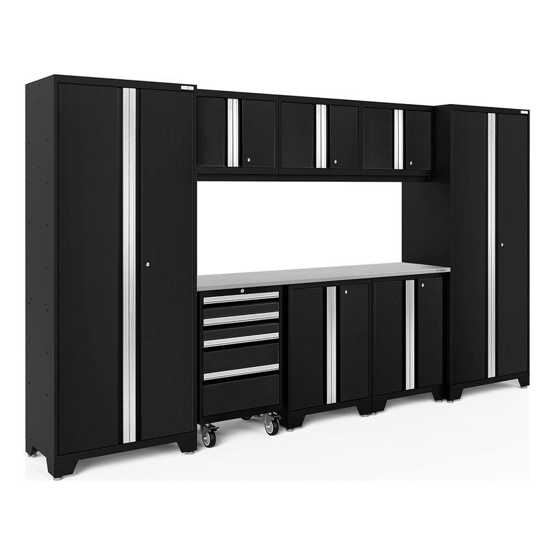 NewAge Products Bold Black 9-Piece Garage Cabinet System with Stainless Steel Worktop