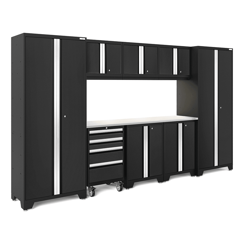 NewAge Products Bold Black 9-Piece Garage Cabinet Set with Stainless Steel Worktop and LED Lights