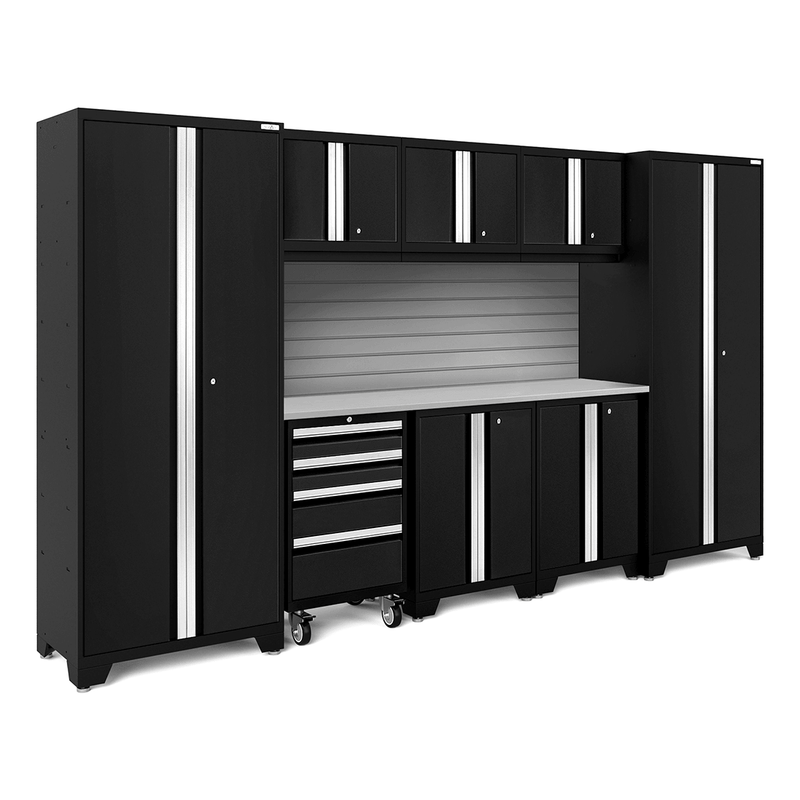 NewAge Products Bold Black 9-Piece Garage Cabinet Set with Stainless Steel Worktop and Steel Slatwall Backsplash