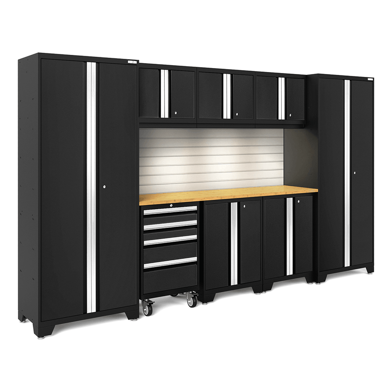 NewAge Products Bold Black 9-Piece Garage Cabinet Set with Bamboo Worktop, LED Lights and Steel Slatwall Backsplash