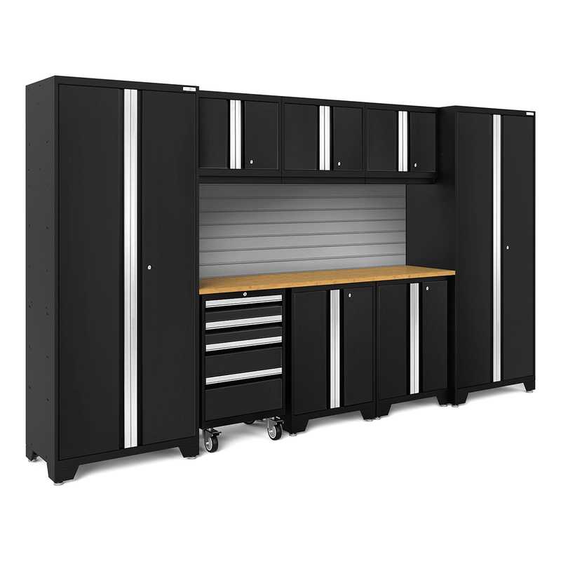 NewAge Products Bold Black 9-Piece Garage Cabinet Set with Bamboo Worktop and Steel Slatwall Backsplash