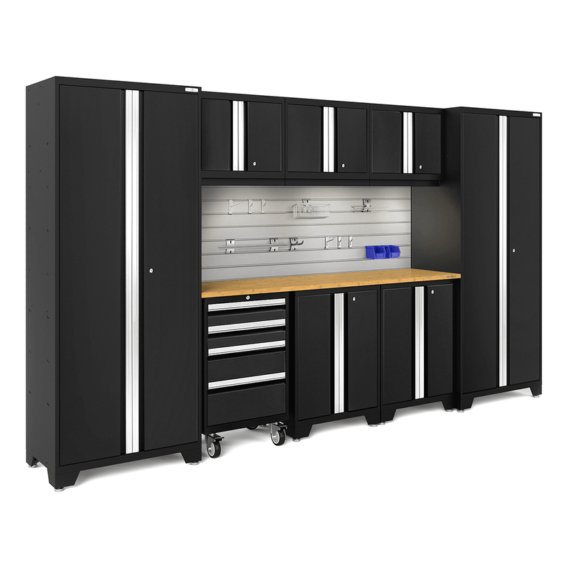 NewAge Products Bold Black 9-Piece Garage Cabinet Set with Bamboo Worktop, LED Lights Steel, Slatwall Backsplash and Hook Accessory Kit
