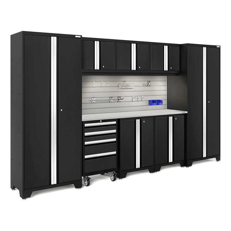 NewAge Products Bold Black 9-Piece Garage Cabinet Set with Stainless Steel Worktop, LED Lights, Steel Slatwall Backsplash and Hook Accessory Kit