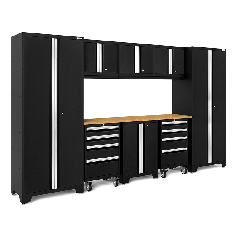 NewAge Products Bold Black 9-Piece Garage Cabinet Set with Bamboo Worktop