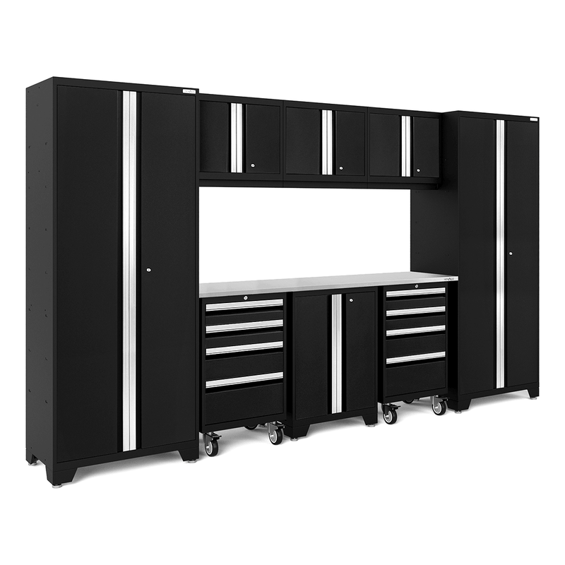 NewAge Products Bold Black 9-Piece Garage Cabinet Set with Stainless Steel Worktop