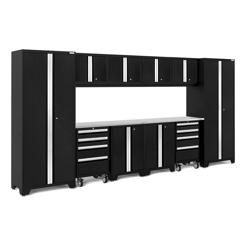 NewAge Products Bold Black 12-Piece Garage Cabinet System with Stainless Steel Worktops
